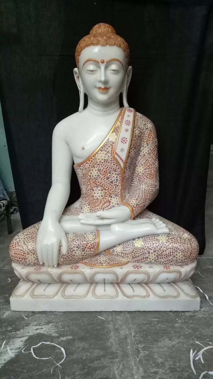 MAHATMA BUDDHA IN FIRST QUALITY WHITE MARBLE WITH PAINTING WORK