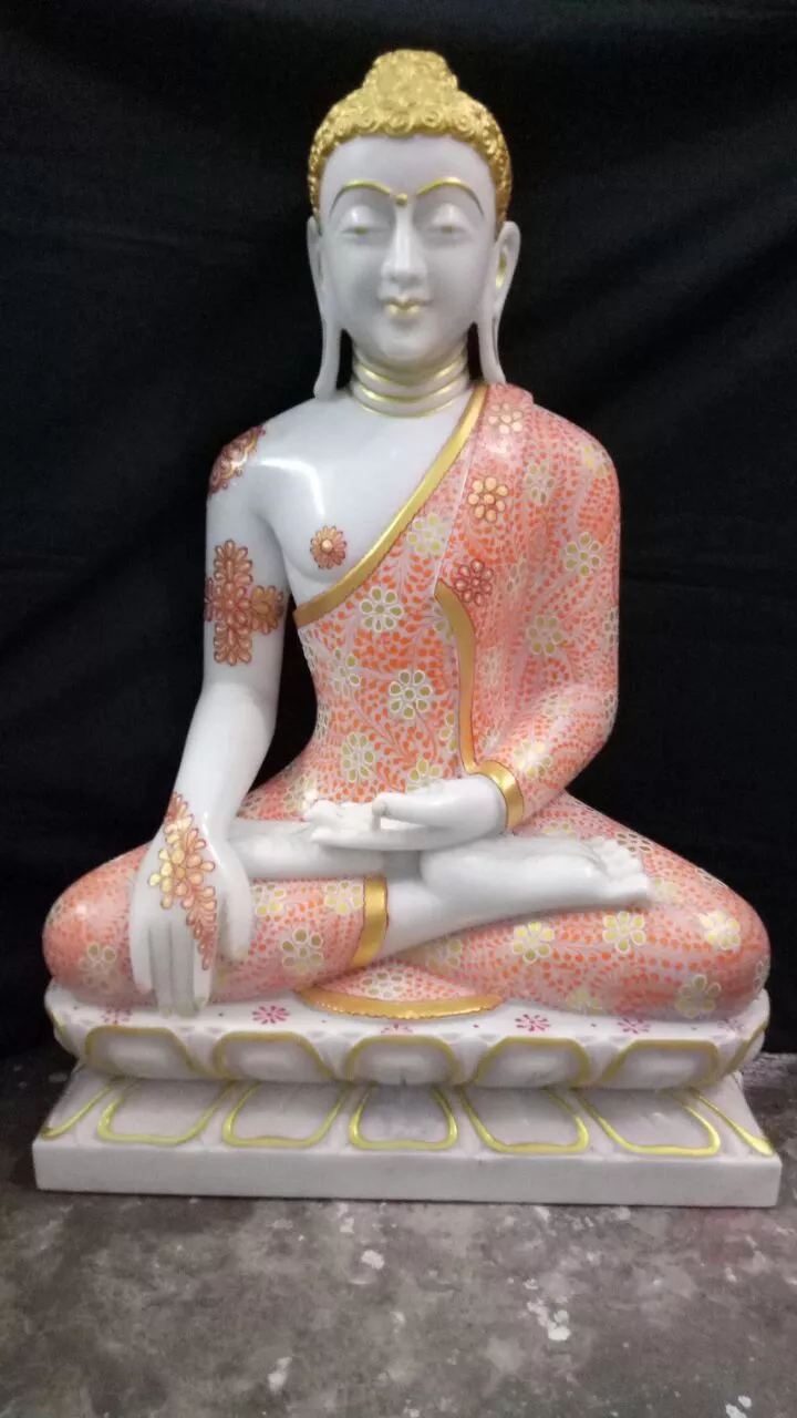 MAHATMA BUDDHA IN FIRST QUALITY WHITE MARBLE WITH PAINTING WORK