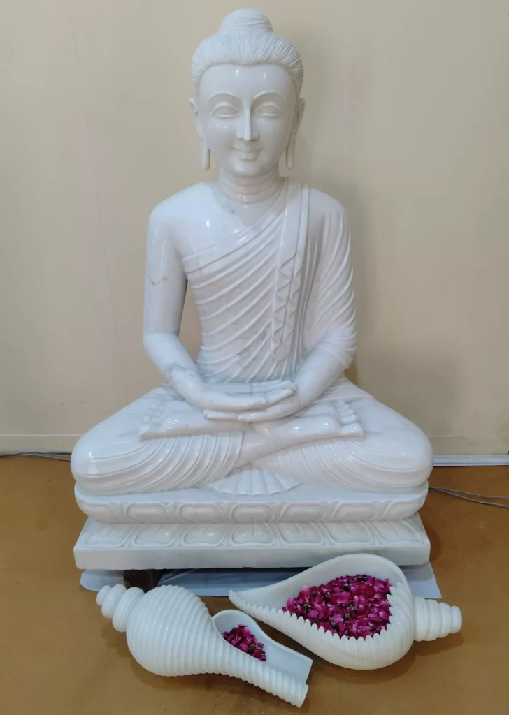 MAHATMA BUDDHA IN WHITE MARBLE WITH ANTIQUE PAINTING WORK