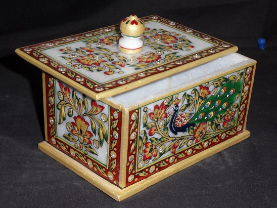 WHITE MARBLE RECTANGLE BOX WITH GOLD PAINTING WORK