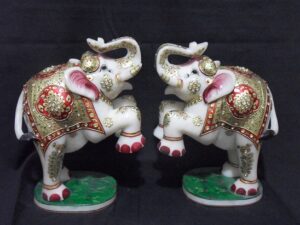 MARBLE JUMPING ELEPHANT WITH GOLD PAINTING WORK