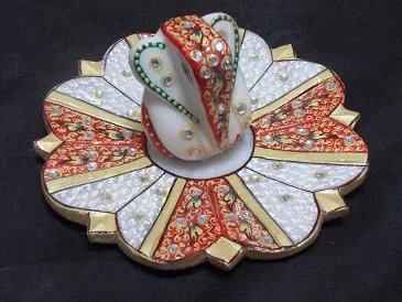 LOTUS PLATE WITH GANESH JI AND GOLD PAINTING EMOBOS WORK
