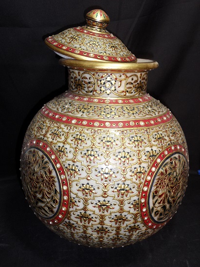 MARBLE MATKI WITH GOLD PAINTING WORK