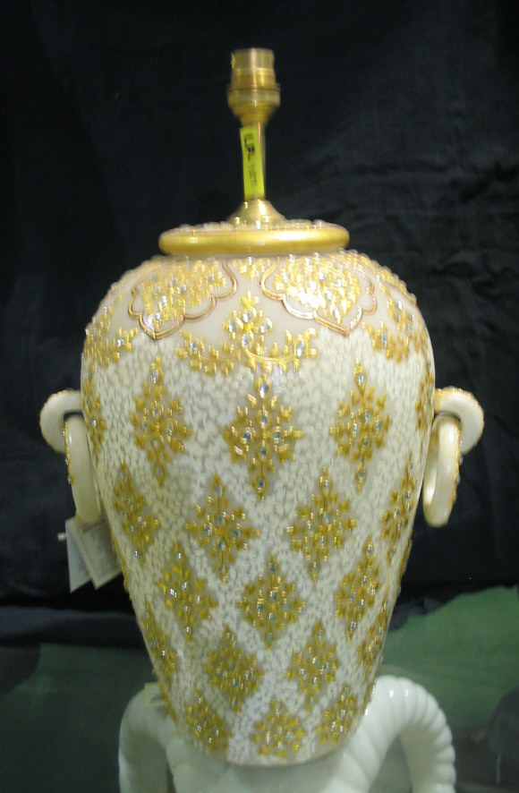 WHITE MARBLE LAMP WITH GOLD PAINTING WORK