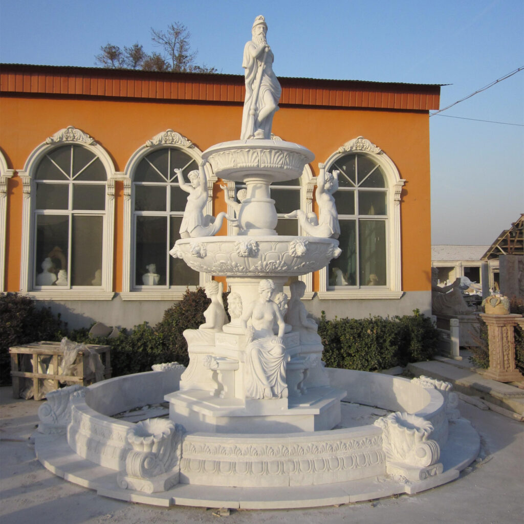 WHITE MARBLE FOUNTAIN WITH STATUE AND CARVING WORK