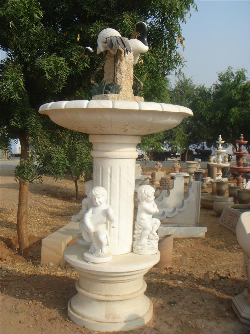 WHITE MARBLE FOUNTAIN WITH STATUE AND BIRD