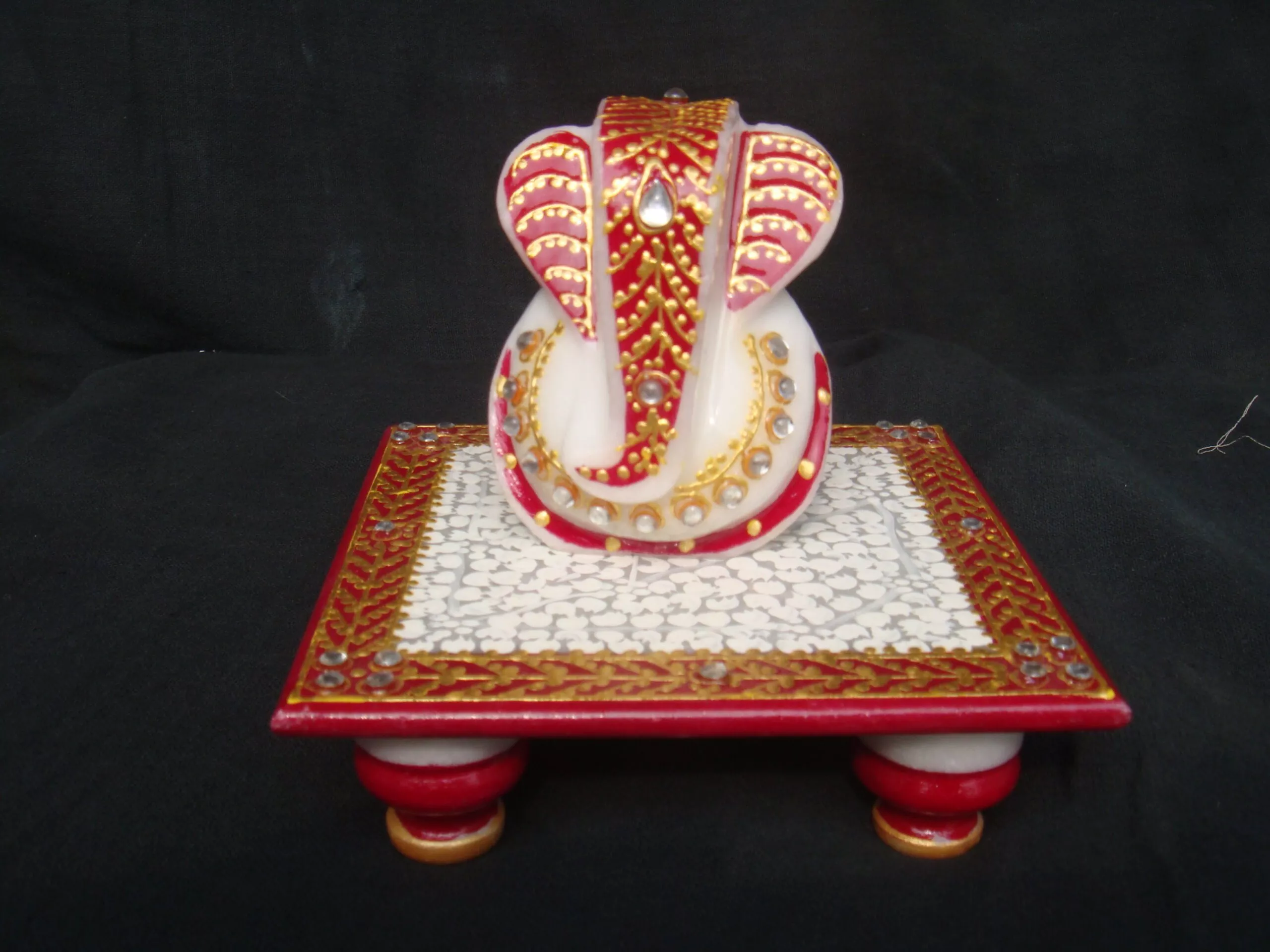 HAND CARVED MARBLE CHOWKI AND GANESH JI WITH GOLD PAINTING WORK