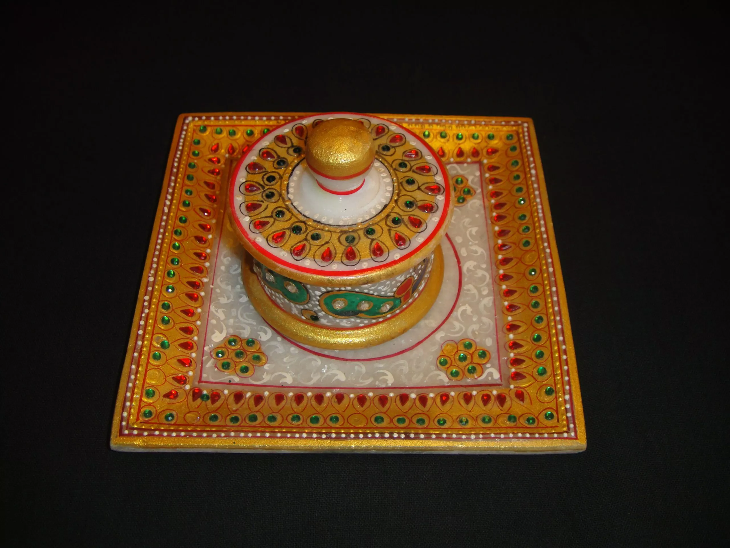 HAND CARVED GOLD PAINTED MARBLE PLATE WITH BOX
