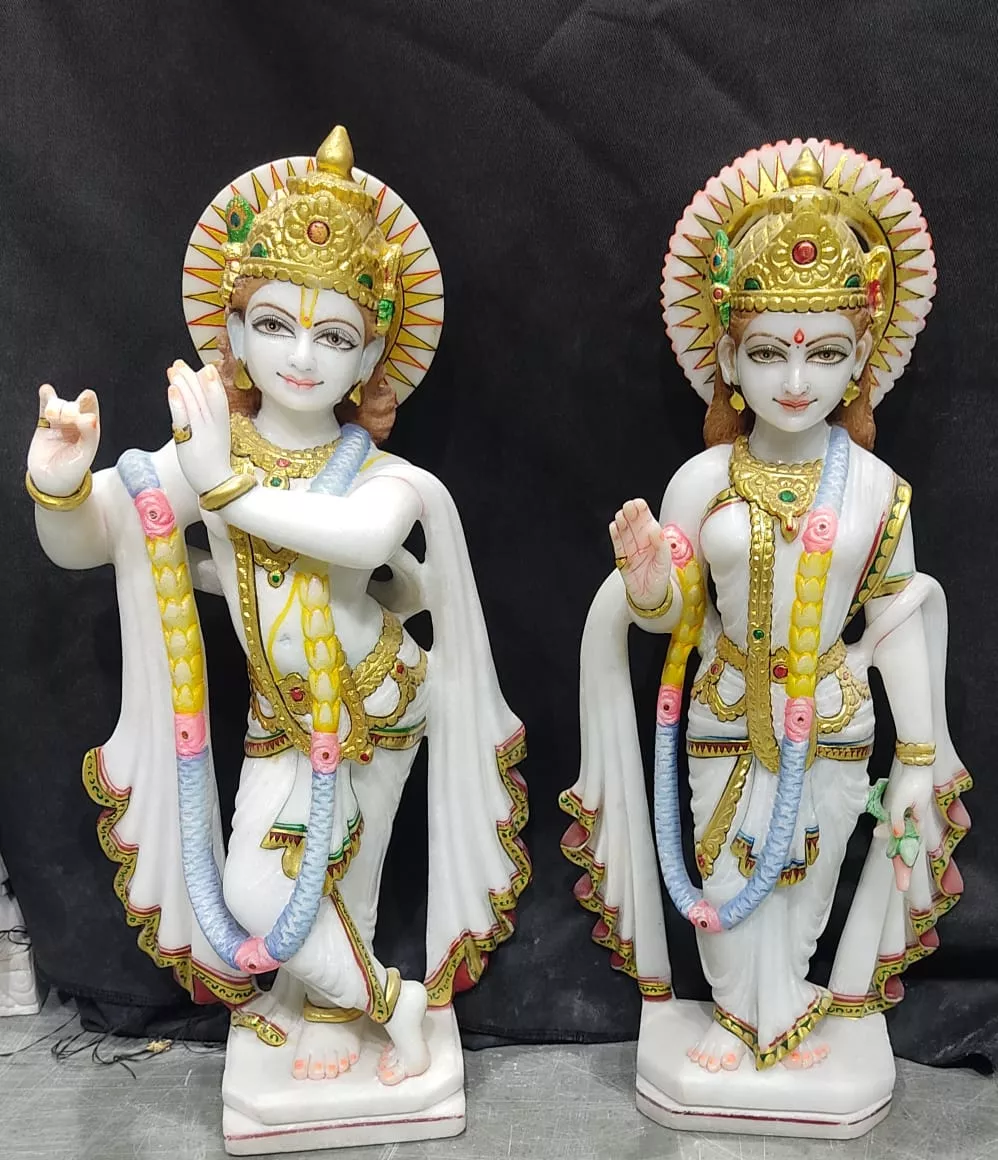 RADHA KRISHNA JI IN FIRST QUALITY WHITE MARBLE WITH GOLD PAINTING WORK