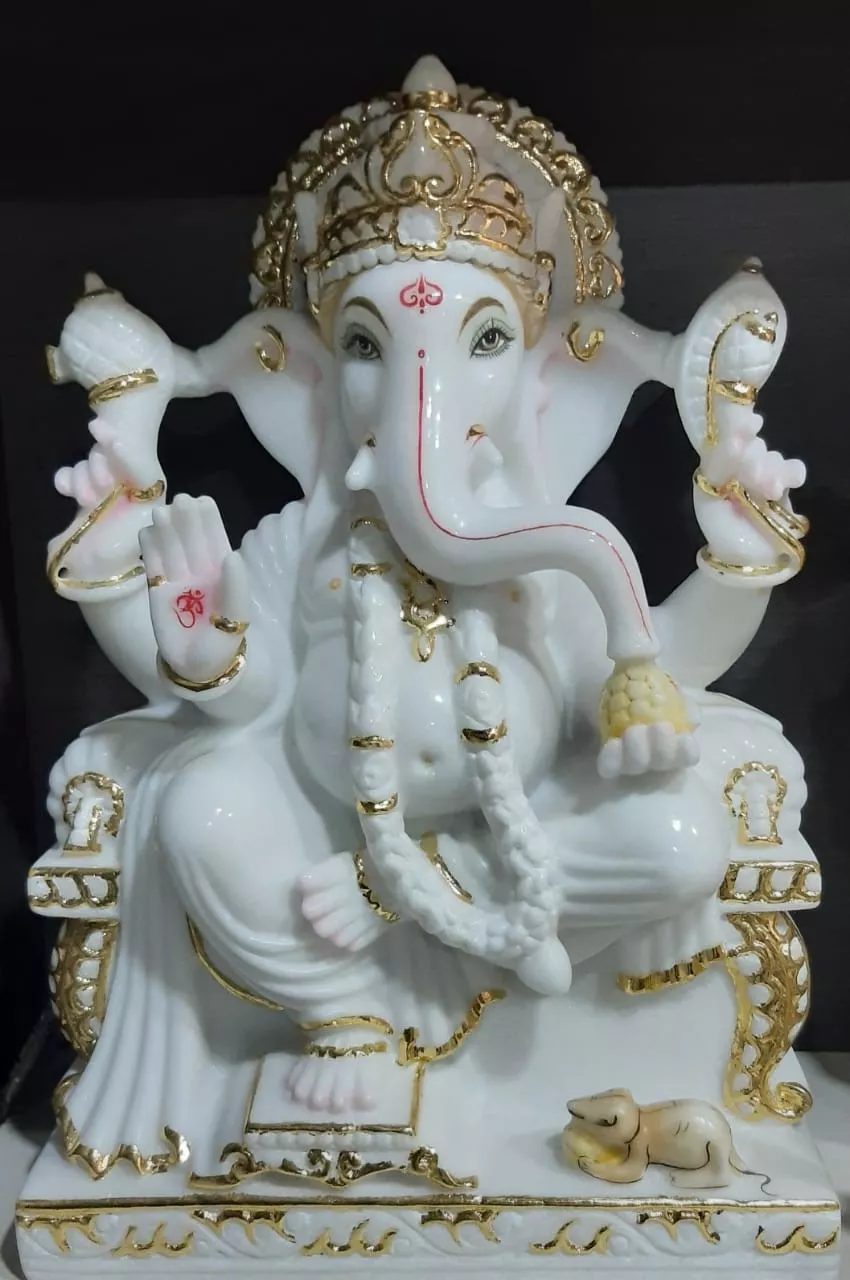 GANESH JI IN MAKRANA WHITE MARBLE WITH GOLD PAINTING WORK