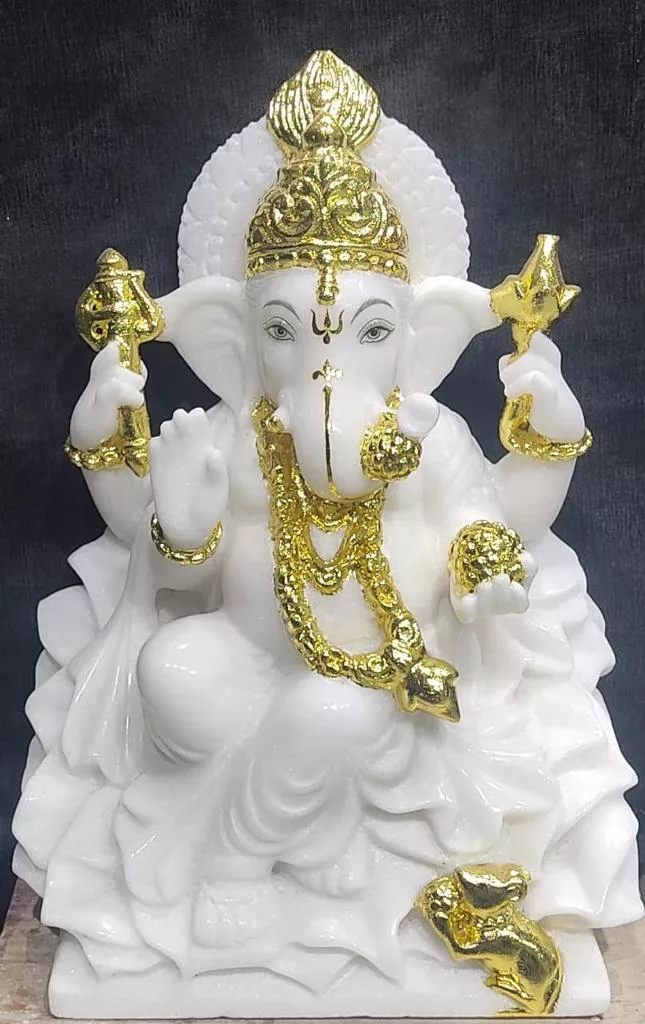GANESH JI IN MAKRANA WHITE MARBLE WITH GOLD PAINTING WORK