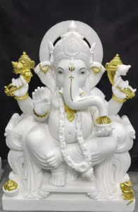 GANESH JI IN MAKRANA WHITE MARBLE WITH GOLD PAINTING WORK