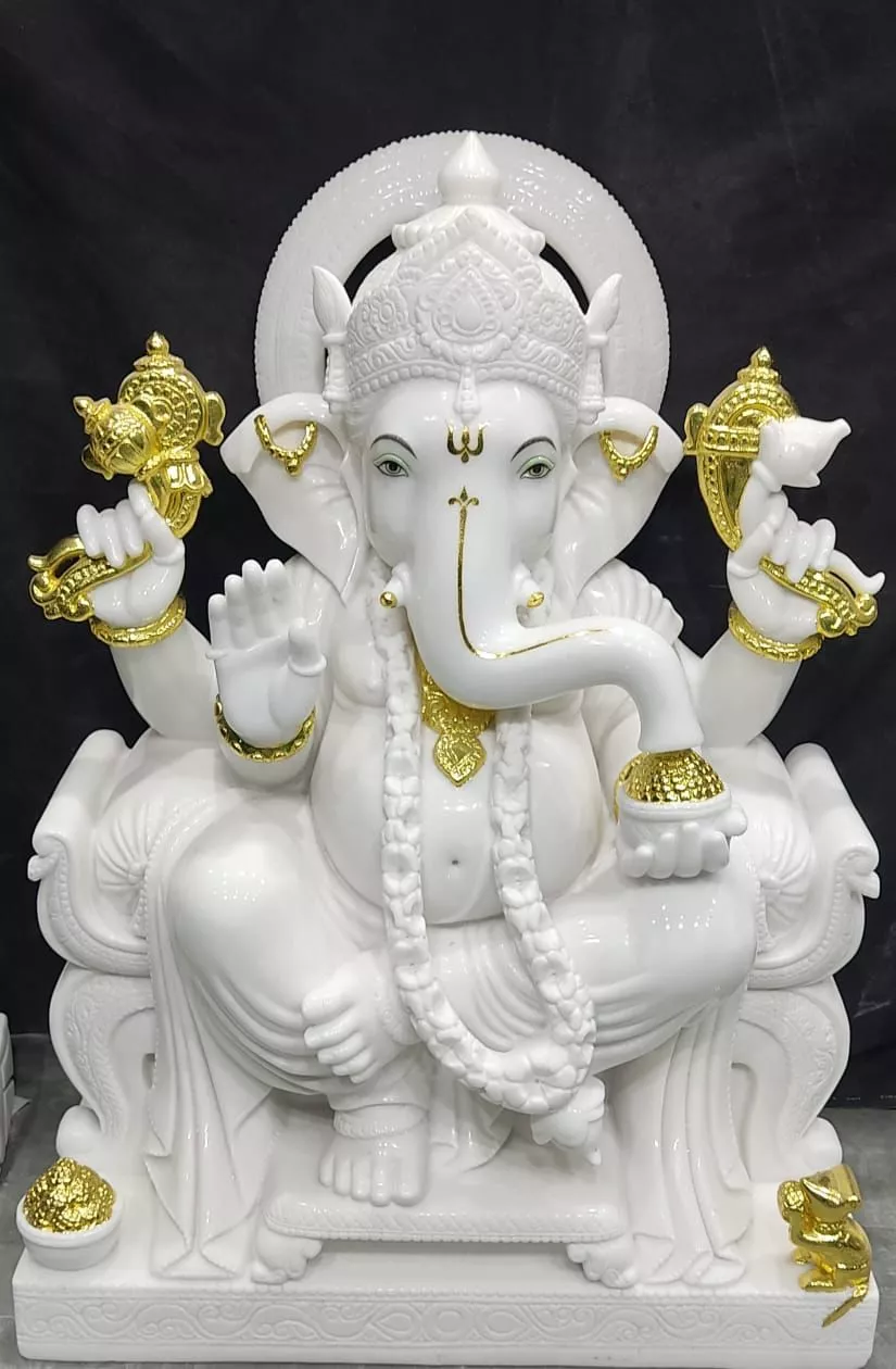 GANESH JI IN MAKRANA WHITE MARBLE WITH GOLD PAINTING WORK