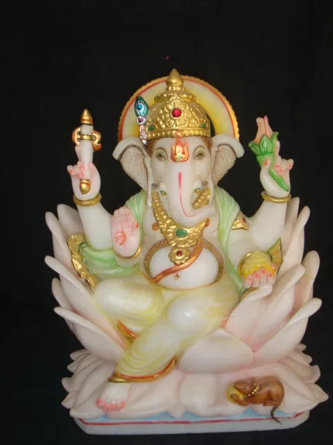 GANESH JI IN MAKRANA WHITE MARBLE WITH GOLD PAINTING WORK