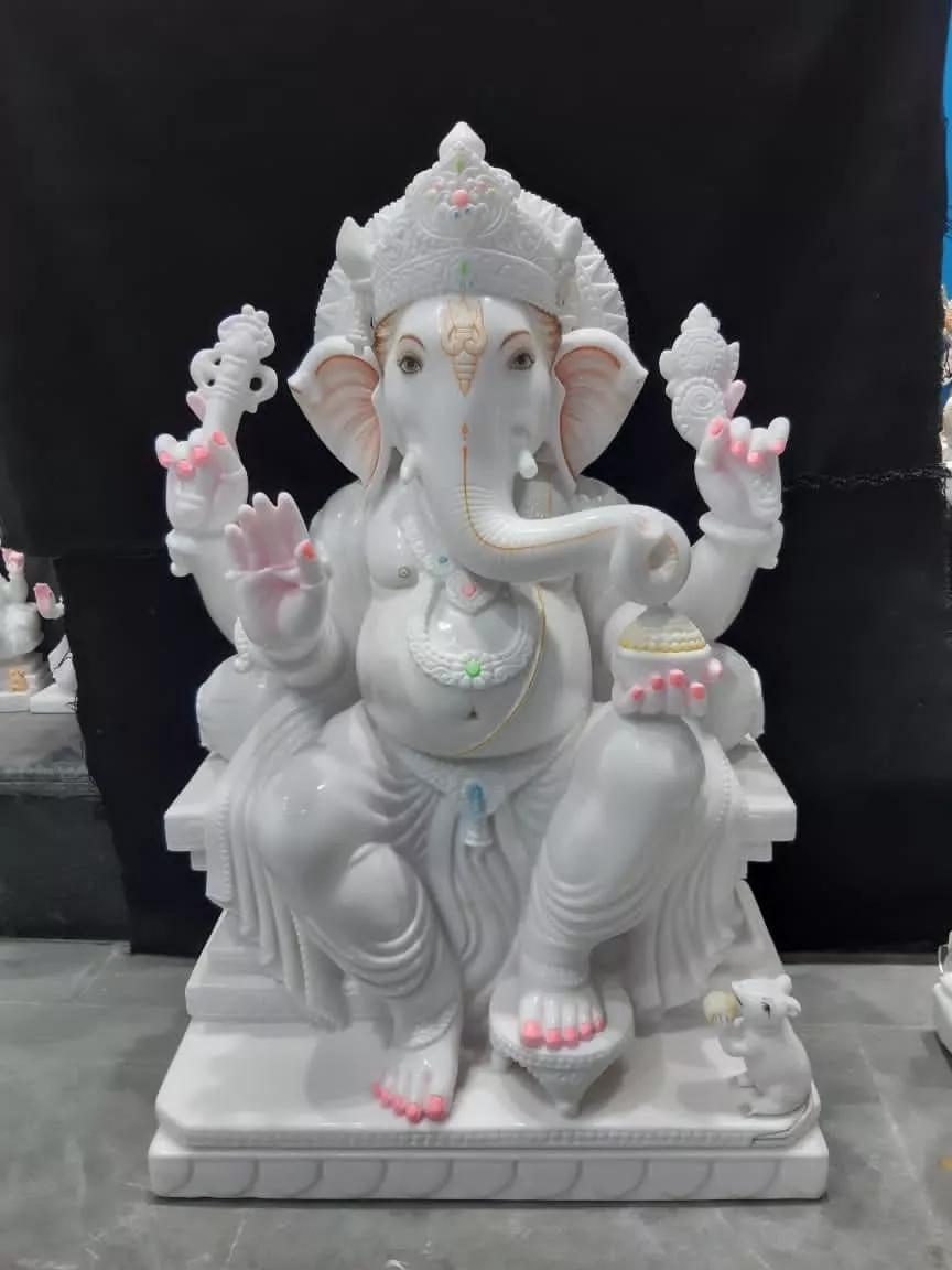 GANESH JI IN MAKRANA WHITE MARBLE WITH PAINTING WORK