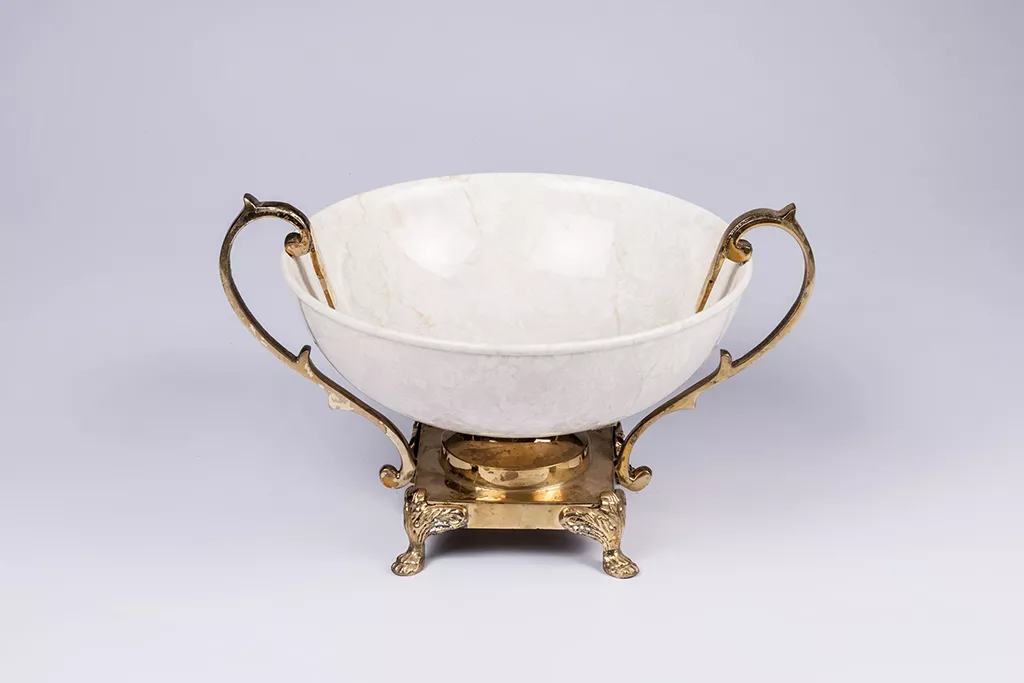 WHITE MARBLE BOWL WITH METAL STAND