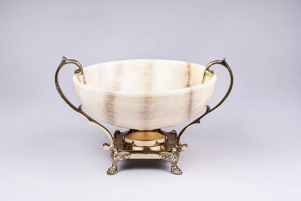 WHITE ONYX MARBLE BOWL WITH METAL STAND