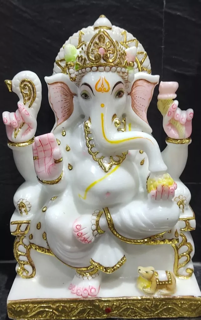 GANESH JI IN MAKRANA WHITE MARBLE WITH GOLD PAINTING WORK