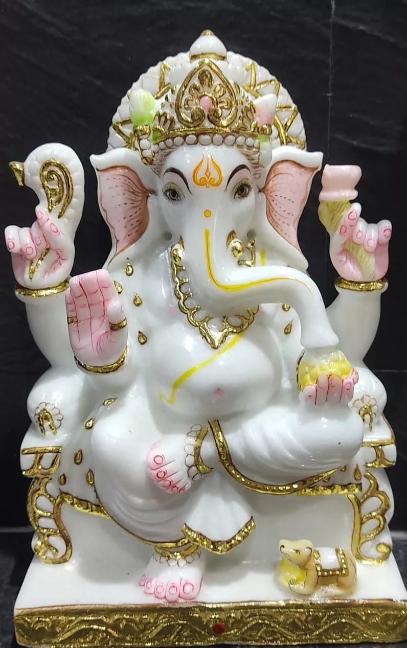 GANESH JI IN MAKRANA WHITE MARBLE WITH GOLD PAINTING WORK