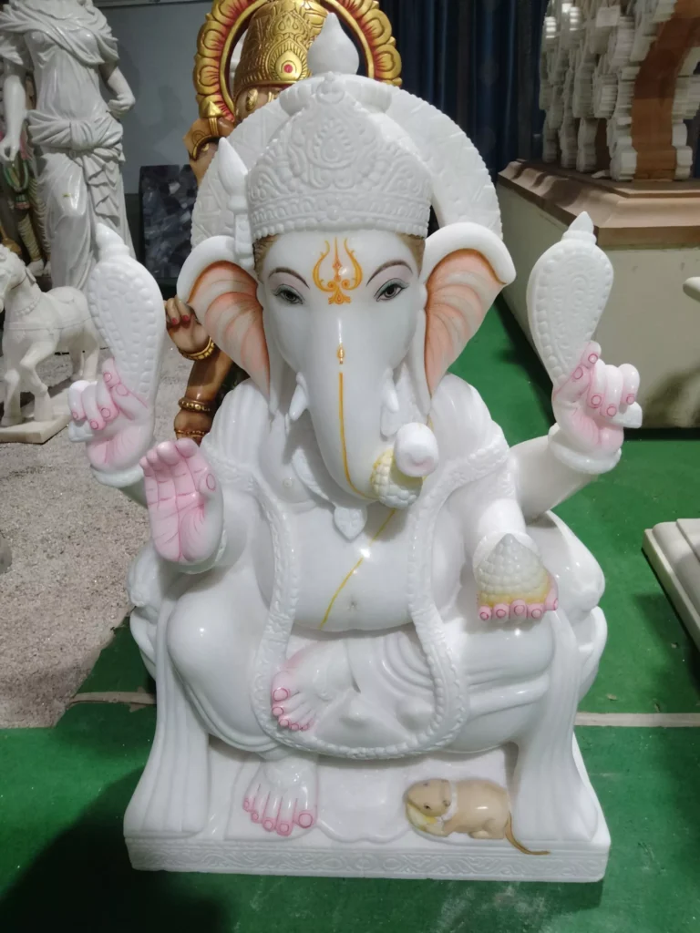 GANESH JI IN MAKRANA WHITE MARBLE WITH PAINTING WORK