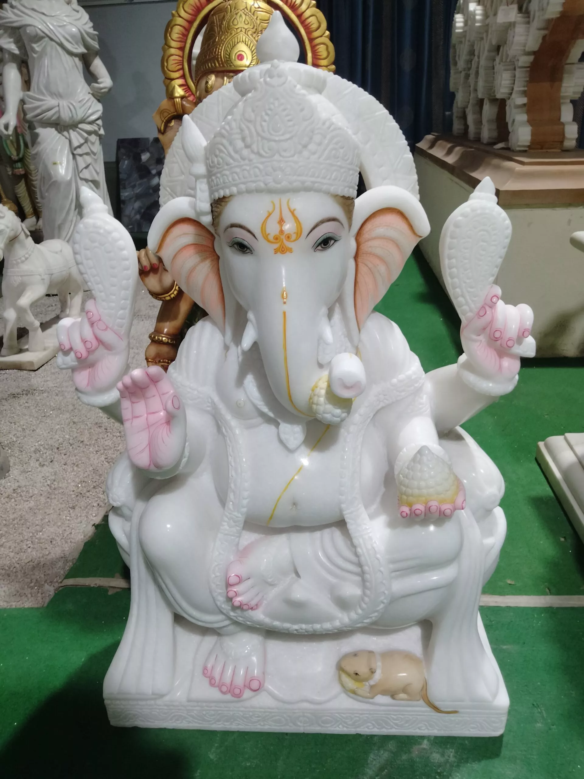 GANESH JI IN MAKRANA WHITE MARBLE WITH PAINTING WORK