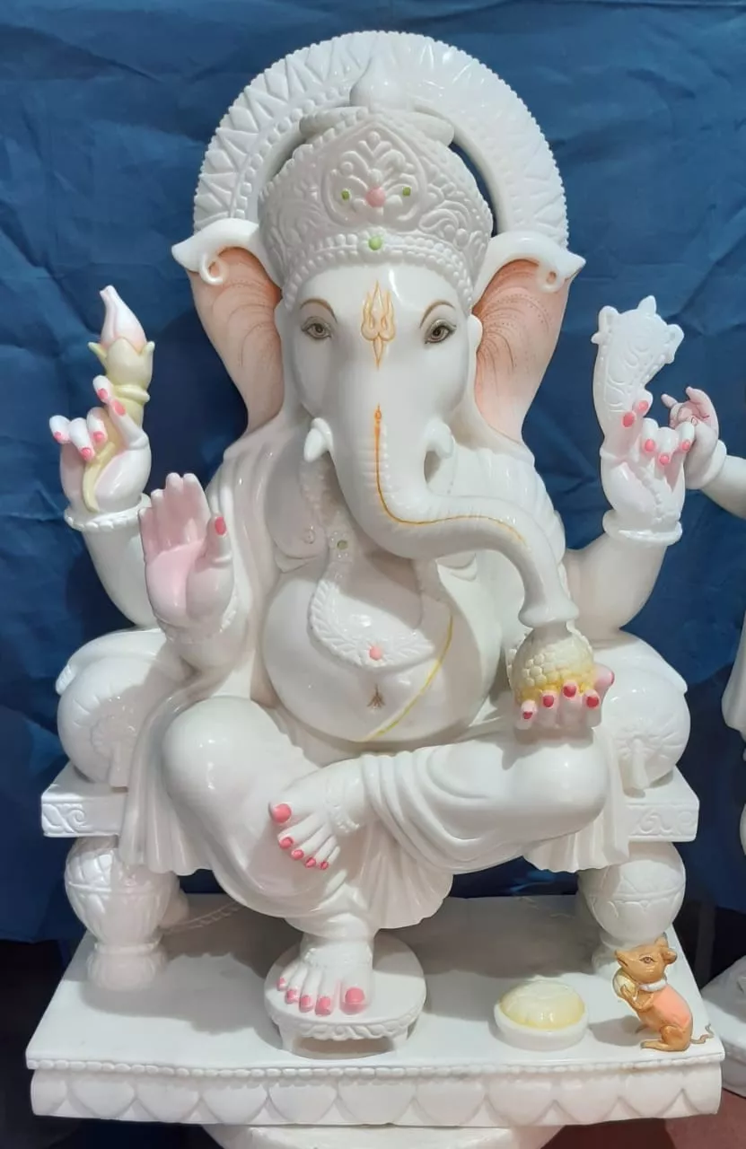 GANESH JI IN MAKRANA WHITE MARBLE WITH PAINTING WORK