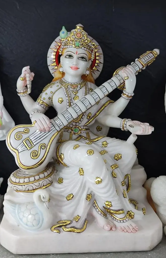 SARASWATI MATA JI IN FIRST QUALITY WHITE MARBLE WITH GOLD PAINTING WORK