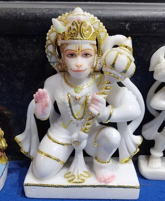 HANUMAN JI IN FIRST QUALITY WHITE MARBLE WITH GOLD PAINTING WORK