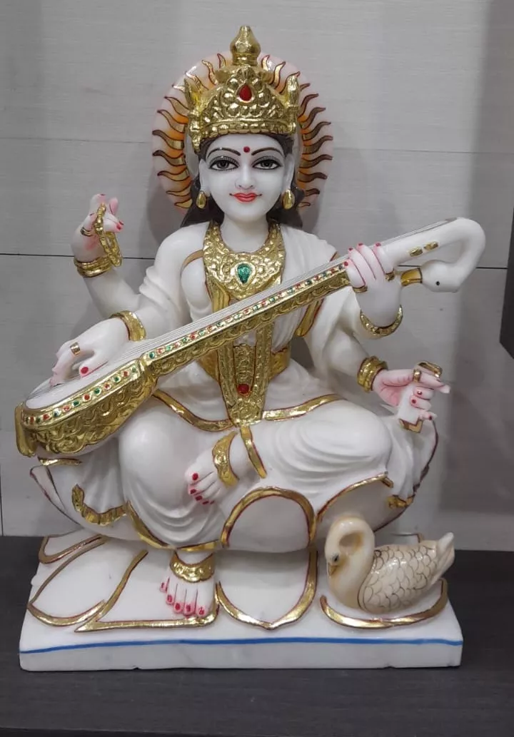 SARASWATI MATA JI IN FIRST QUALITY WHITE MARBLE WITH GOLD PAINTING WORK