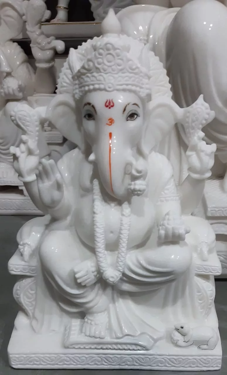 GANESH JI IN MAKRANA WHITE MARBLE WITH PAINTING WORK