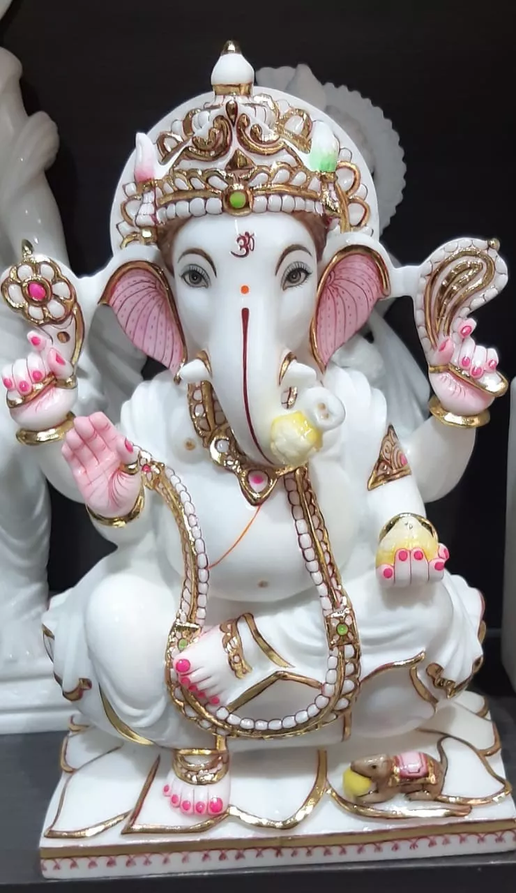 GANESH JI IN MAKRANA WHITE MARBLE WITH GOLD PAINTING WORK