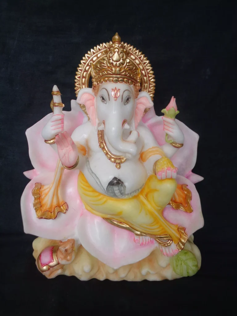 GANESH JI IN MAKRANA WHITE MARBLE WITH GOLD PAINTING WORK