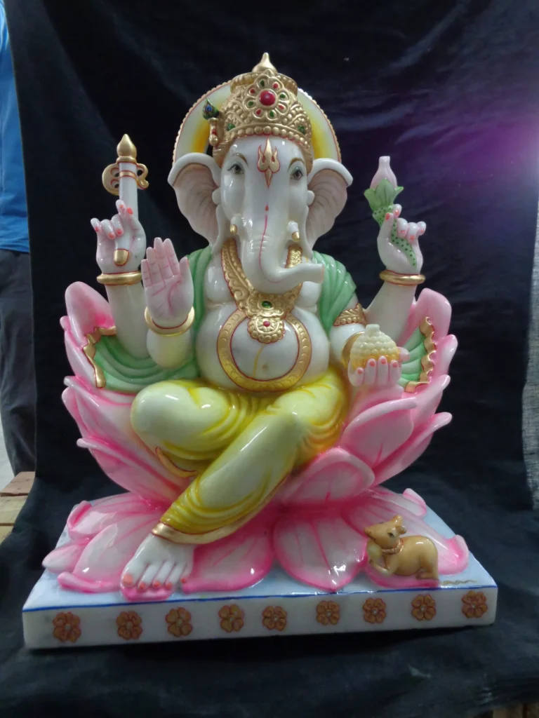 GANESH JI IN MAKRANA WHITE MARBLE WITH GOLD PAINTING WORK