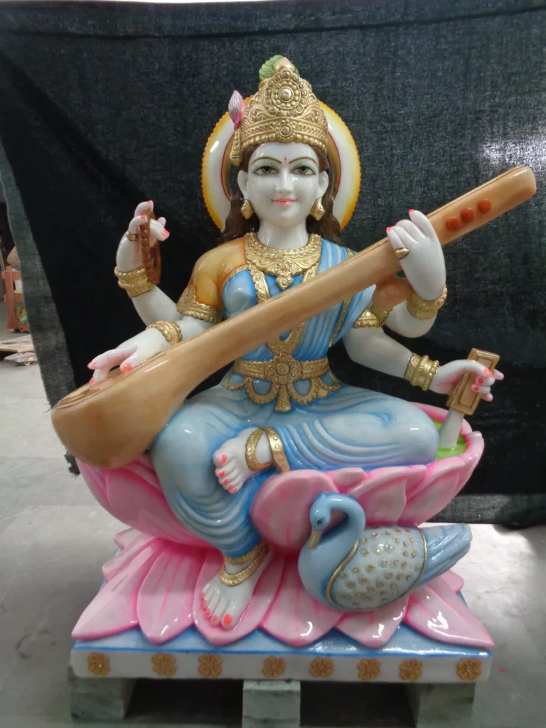 SARASWATI MATA JI IN FIRST QUALITY WHITE MARBLE WITH GOLD PAINTING WORK