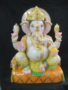 GANESH JI IN MAKRANA WHITE MARBLE WITH GOLD PAINTING WORK