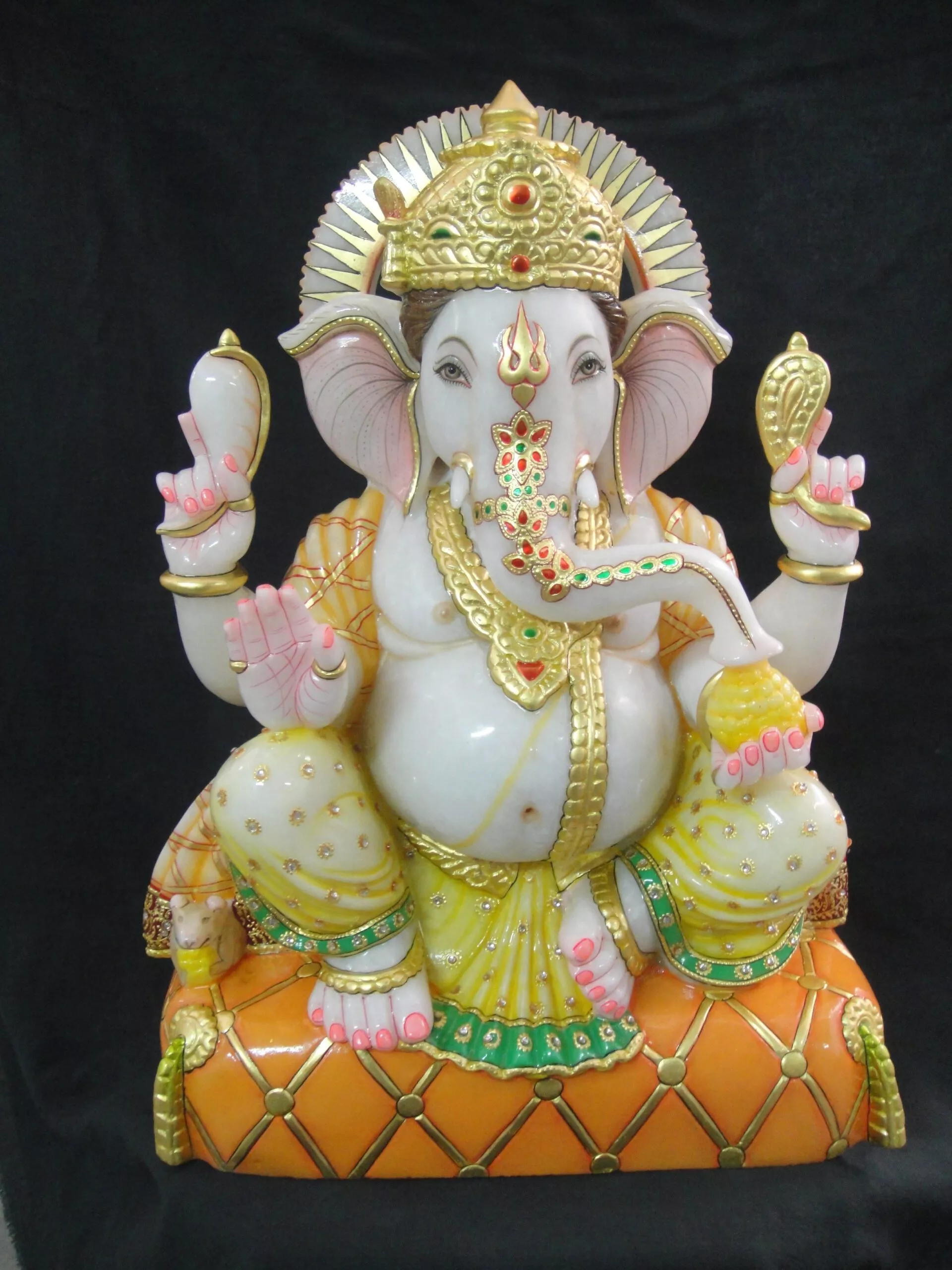 GANESH JI IN MAKRANA WHITE MARBLE WITH GOLD PAINTING WORK