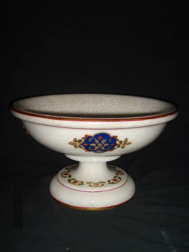 WHITE MARBLE BOWL WITH MARBLE STAND AND GOLD PAINTING WORK