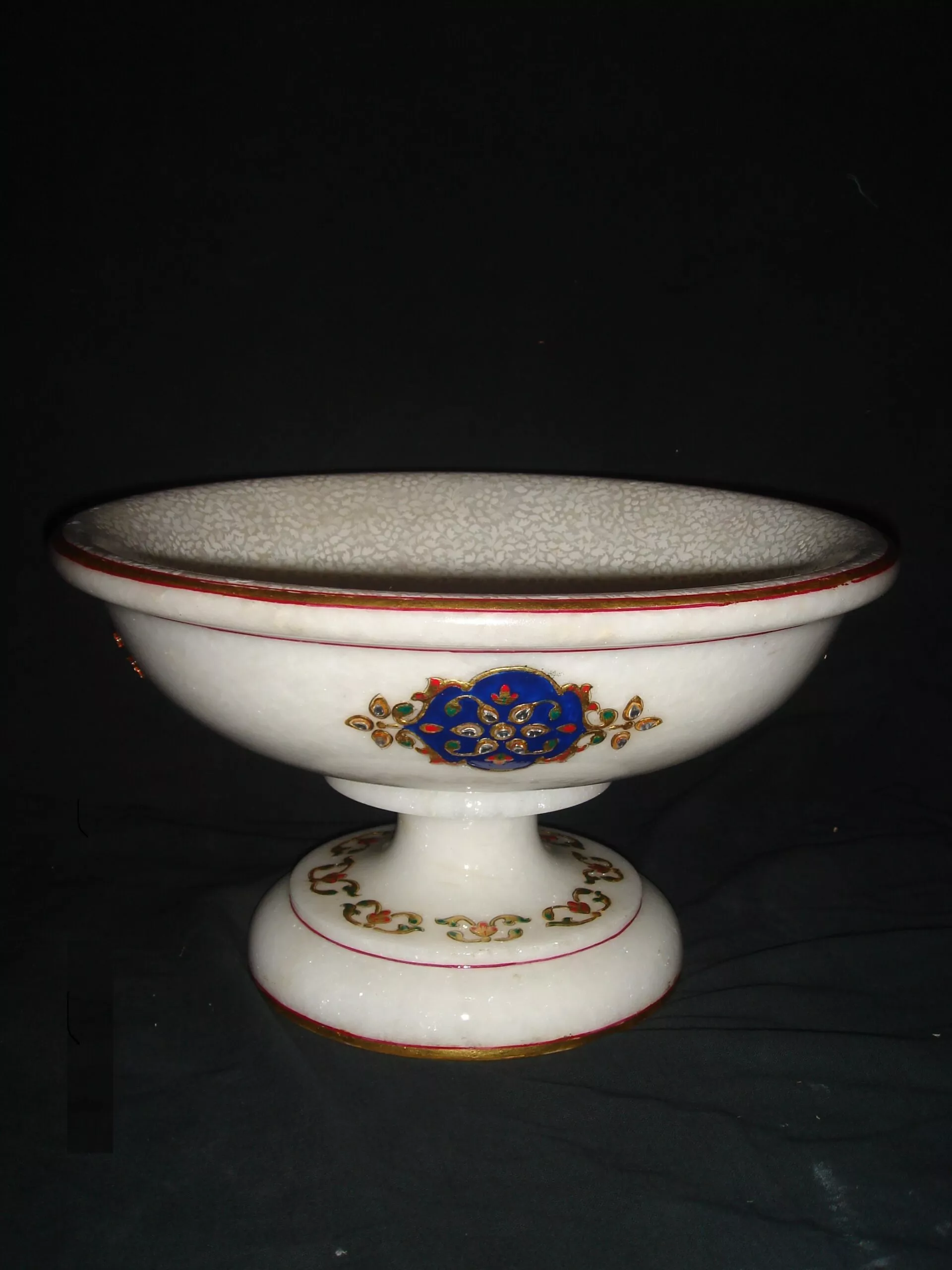 WHITE MARBLE BOWL WITH MARBLE STAND AND GOLD PAINTING WORK