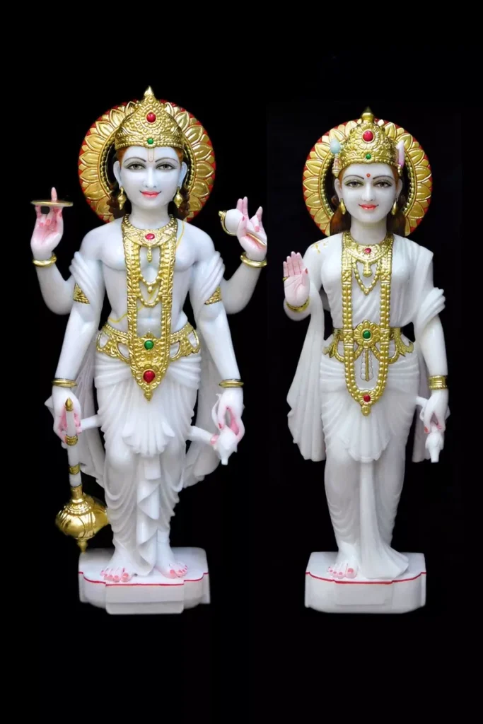 VISHNU LAXMI JI IN FIRST QUALITY WHITE MARBLE WITH GOLD PAINTING WORK