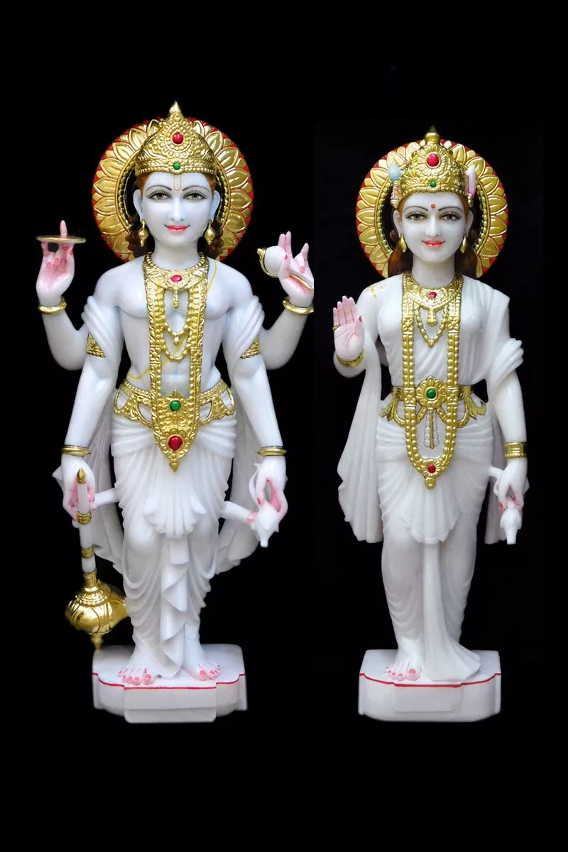 VISHNU LAXMI JI IN FIRST QUALITY WHITE MARBLE WITH GOLD PAINTING WORK