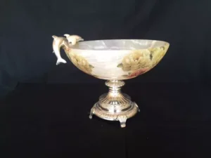 WHITE ONYX MARBLE BOWL WITH METAL STAND AND DECOPATCH PAINTING WORK