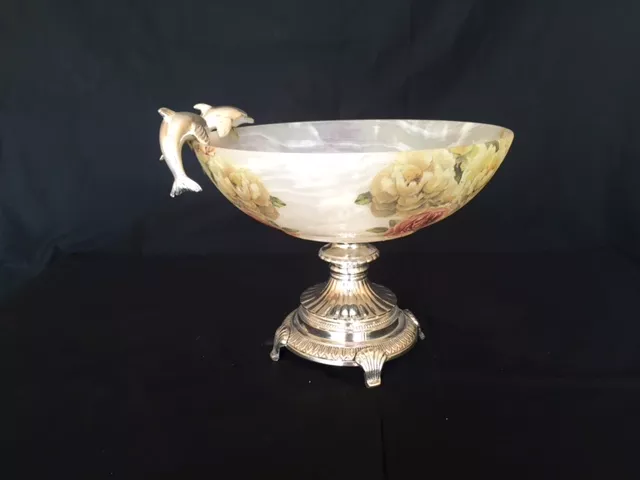 WHITE ONYX MARBLE BOWL WITH METAL STAND AND DECOPATCH PAINTING WORK