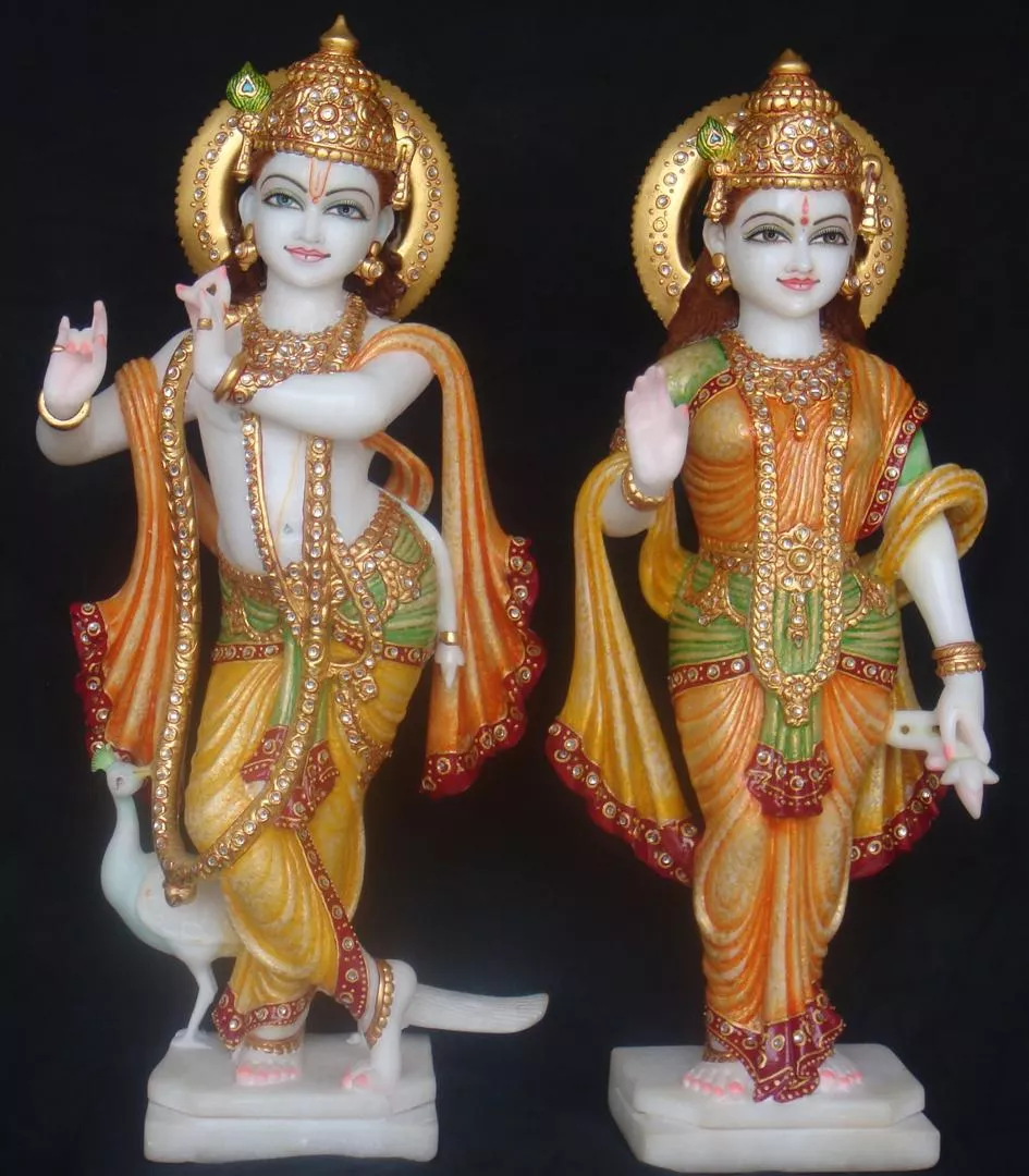 RADHA KRISHNA IN FIRST QUALITY WHITE MARBLE WITH GOLD PAINTING WORK