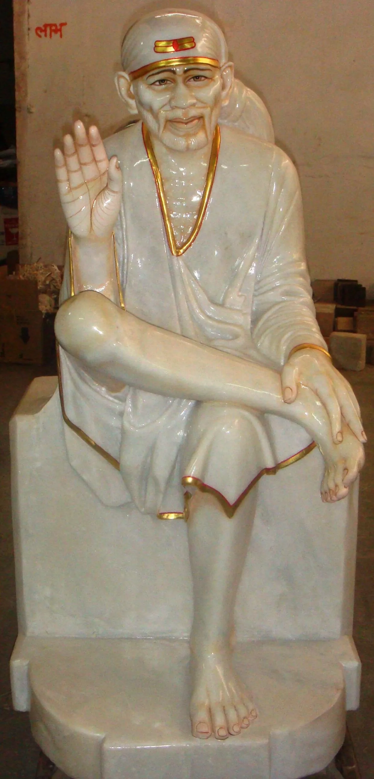 SAI BABA IN FIRST QUALITY WHITE MARBLE WITH GOLD PAINTING WORK