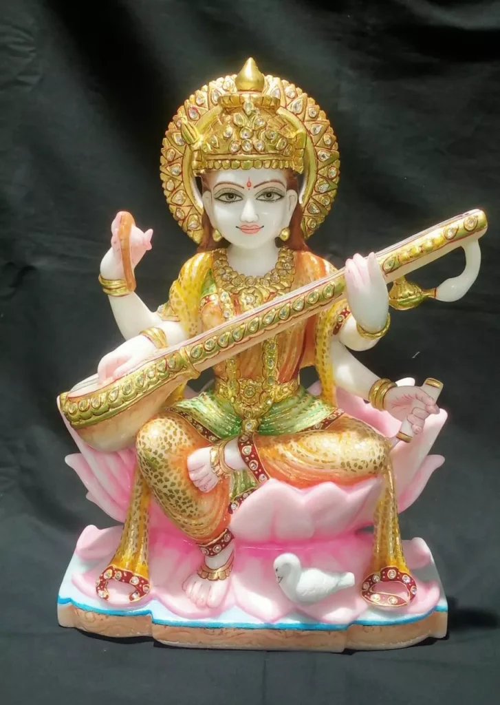 SARASWATI MATA JI IN FIRST QUALITY WHITE MARBLE WITH GOLD PAINTING WORK