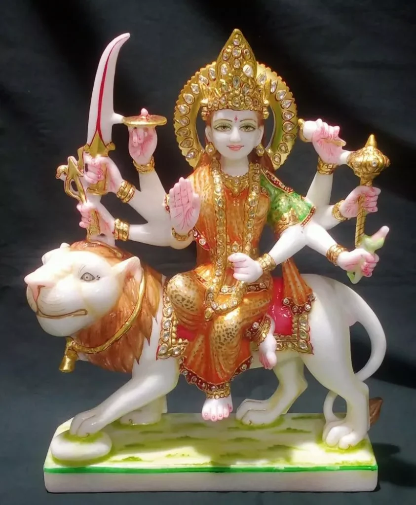 DURGA MATA JI IN FIRST QUALITY WHITE MARBLE WITH GOLD PAINTING WORK
