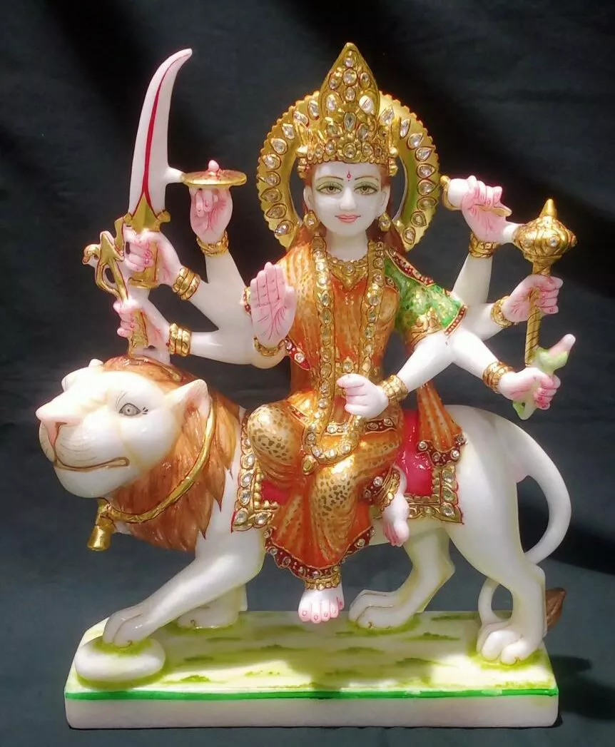 DURGA MATA JI IN FIRST QUALITY WHITE MARBLE WITH GOLD PAINTING WORK